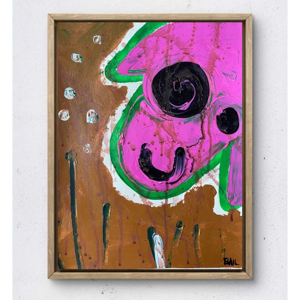 Original Abstract Swine Painting 11x14 Pink Pig Pop Art Whimsical Oman Hosea